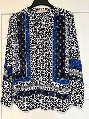 LOFT Navy, White & Blue Printed Long-Sleeve Blouse